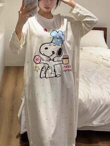 Gongdie Snoopy Women's Nightgown, Soft Modal Cotton Long Sleeve Loungewear Dress With Pockets, Autumn - Beige - View 10
