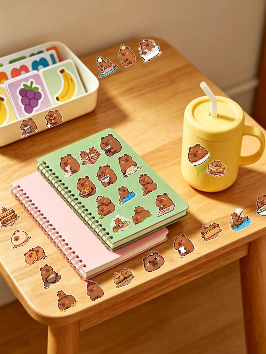 50Pcs Cute Capybara Food Theme Stickers, PET Waterproof Cartoon Capybara Eating Snacks Decals, Aesthetic DIY Stickers For Journal, Water Bottle, Laptop, Phone Case, Luggage, Notebook Decor For Kids Teens - Brown - View 1