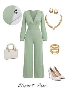 AIJ Women Fall Green French Style V‑Neck Long Puff Sleeve Wide Leg Jumpsuit High Waist Pockets Elegant Formal Office Party Evening Fall Fashion Outfit - Bean Green - View 3