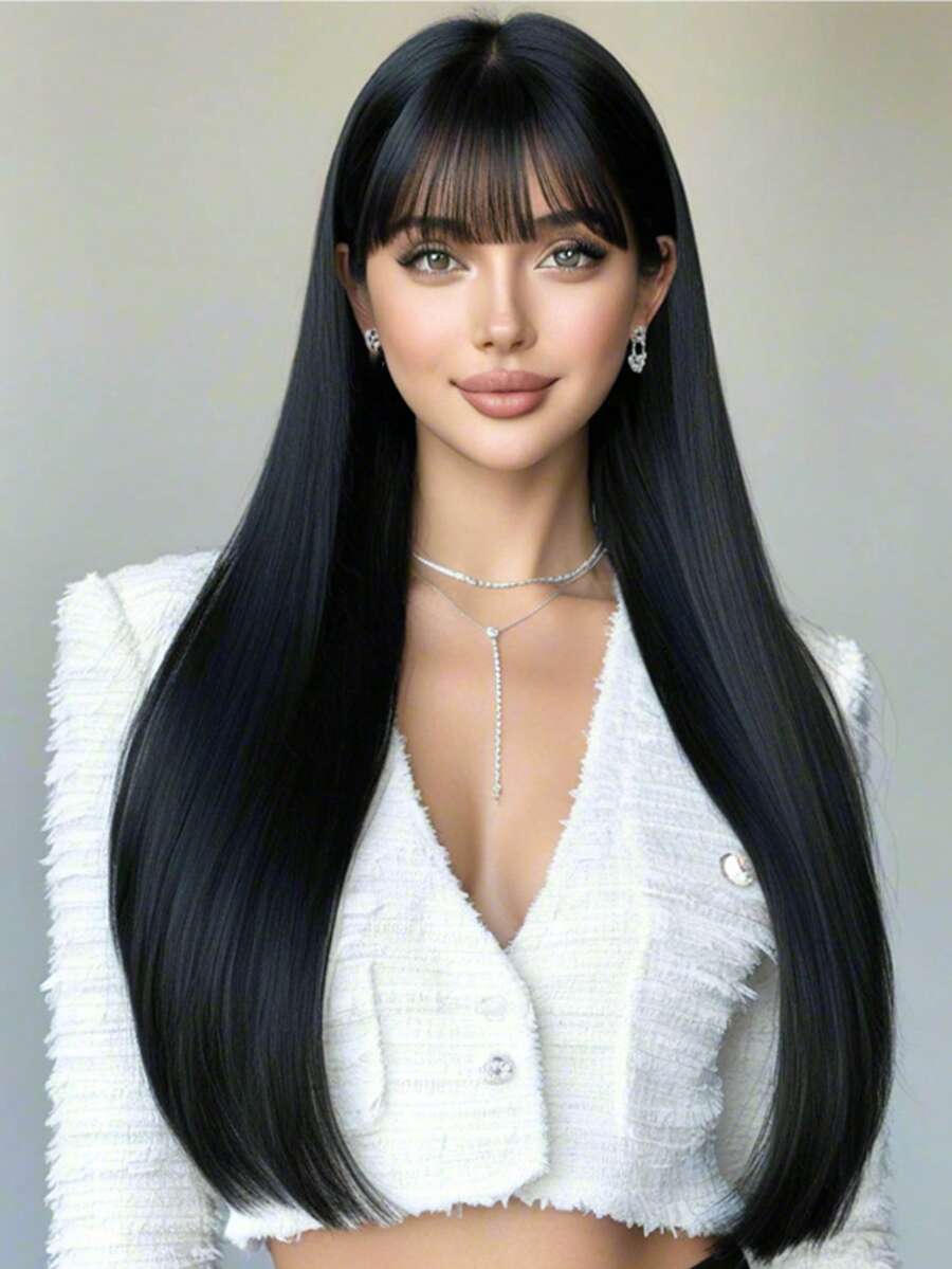 Wig Panjang Lurus Hitam 28 Inci dengan Poni untuk Wanita, Rambut Bervolume, Terurai Alami, Elegan dan Serbaguna, Cocok untuk Pemakaian Sehari-hari Wanita dan Berbagai Pesta serta Cosplay Halloween - hitam - View 1