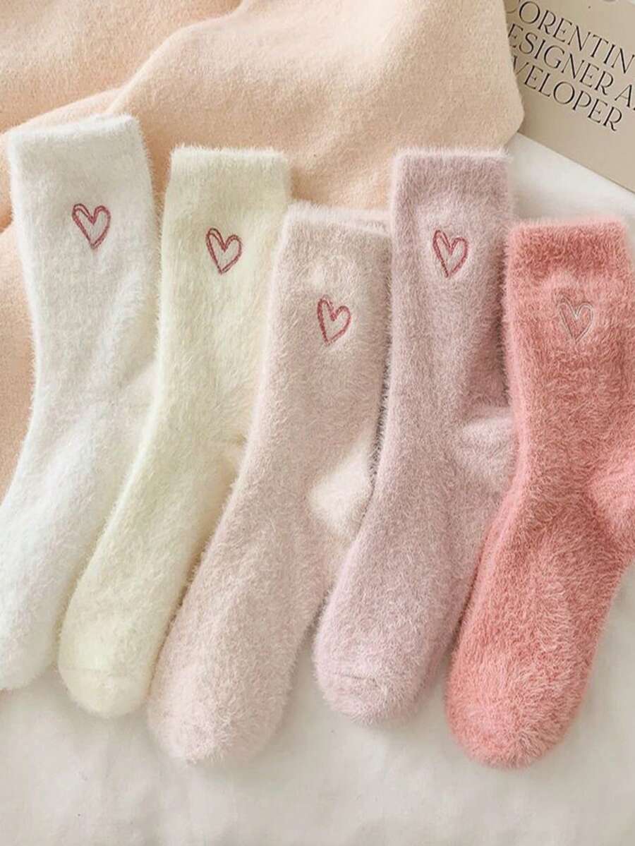 1/5 Pairs Autumn/Winter Plush Heart Socks, Elastic Breathable Daily Socks, Personalized Mid-Calf Socks, Suitable For Family Wear, Applicable For Sports, Home, Leisure And Commuting - Multicolor - View 1