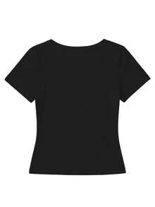 U-Neck All-Match Short Sleeve T-Shirt, Stretchy Slim Fit Solid Color Minimalist Top Casual Black Summer - Black - View 3