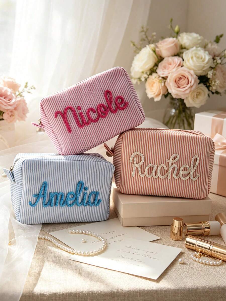 1 Peça Bolsa de Maquiagem Personalizada com Listras Rosa & Azul, Bolsa de Armazenamento Multifuncional de Grande Capacidade e Leve, Presente de Dama de Honra de Casamento, Presente de Proposta de Namorada, Presente de Despedida de Solteira, Presente de Noiva - Multicolorido - Visão 1