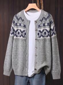 Women's Plus Size Fair Isle Pattern Knit Button Cardigan Long Sleeve Casual Sweater, Fashionable Outerwear Fall - Grey - View 2