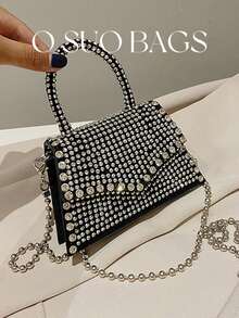 Mini Rhinestone & Studded Decor Flap Chain Square Bag - Silver - View 1