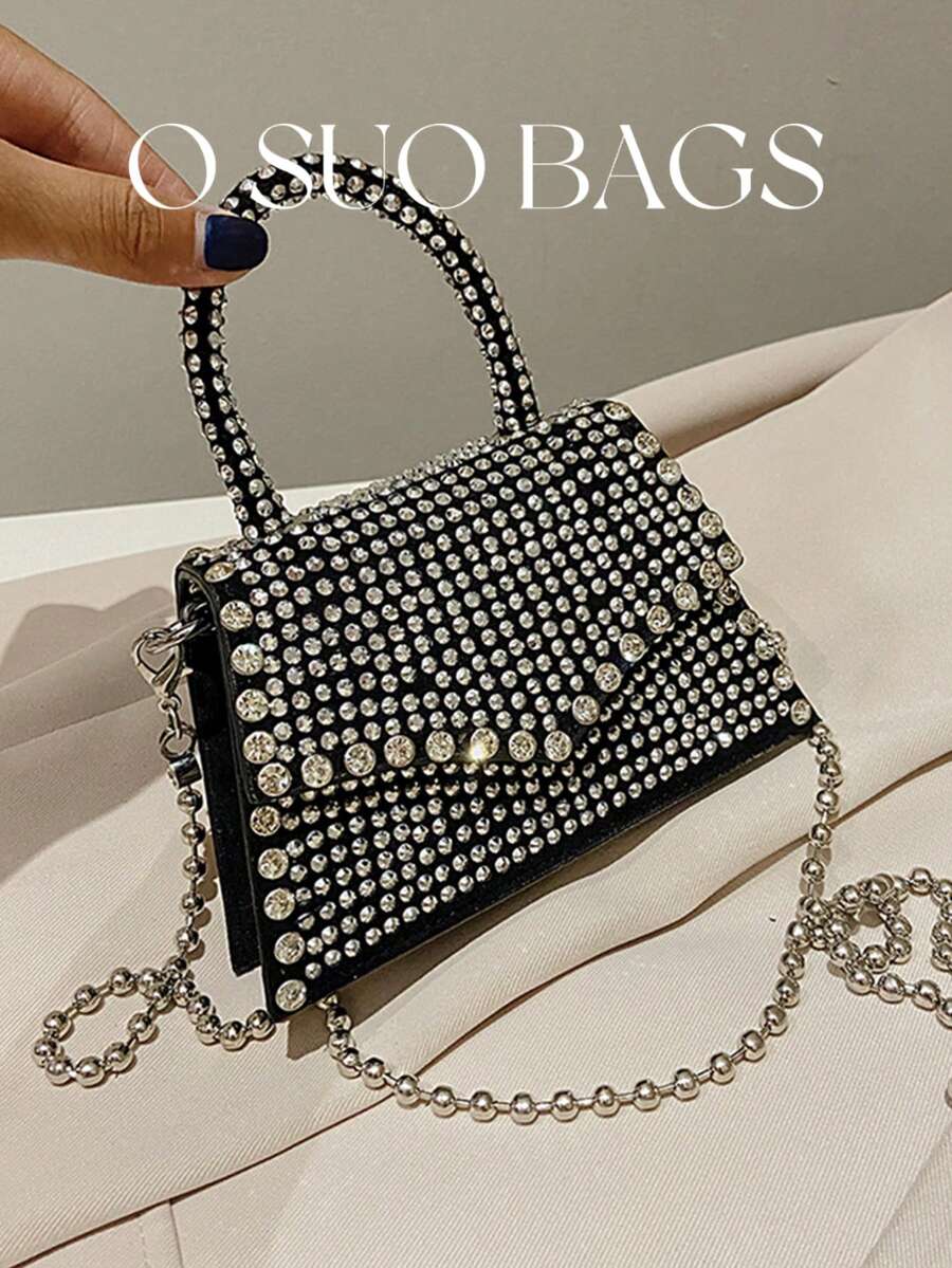 Mini Rhinestone & Studded Decor Flap Chain Square Bag - Silver - View 1