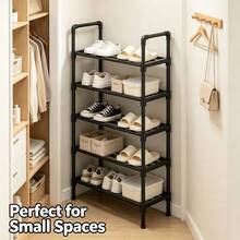 5/4/3/2 Layer Black Tubular Shoe Storage Rack, Sturdy Freestanding Shoe Organizer With Raised Guardrail, Waterproof Easy Assembly Shoe Shelf, Large Capacity Shoe Holder For Entryway, Hallway, Apartment, Rental House Indoor Furniture - Black - View 1