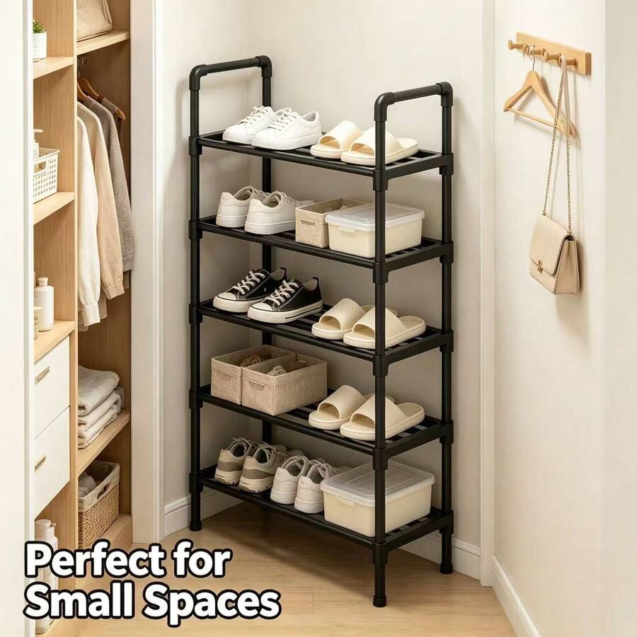 5/4/3/2 Layer Black Tubular Shoe Storage Rack, Sturdy Freestanding Shoe Organizer With Raised Guardrail, Waterproof Easy Assembly Shoe Shelf, Large Capacity Shoe Holder For Entryway, Hallway, Apartment, Rental House Indoor Furniture - Black - View 1