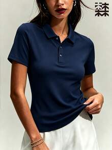 mulinsen 女款純色 Polo 領短袖襯衫，運動休閒日常夏季長袖上衣 - 藏蓝色 - 查看 5