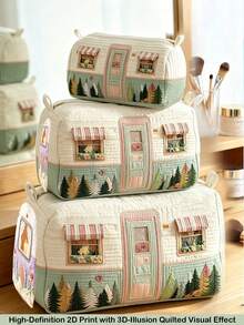 Cottagecore Faux‑Embroidery Quilted Cosmetic Bag Camping Bus Print Portable Toiletry Bag,Multi‑Use For Small Item Storage,School & Travel Essentials - Multicolor - View 6