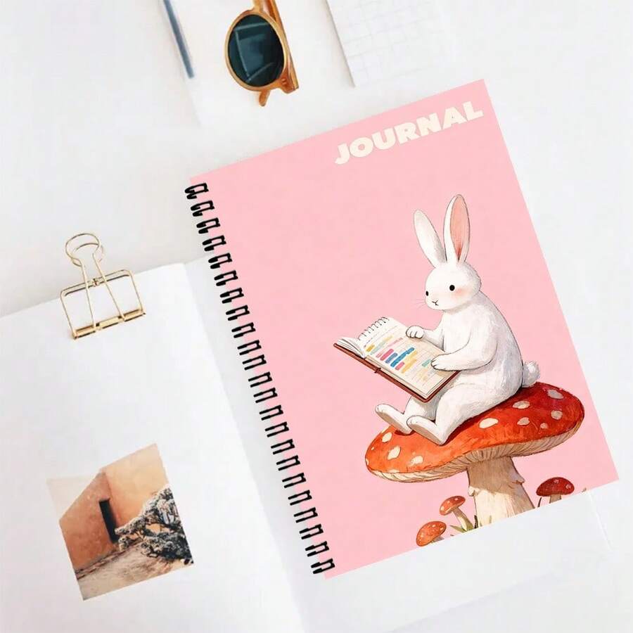1 pieza Cuaderno A5 con líneas y portada con patrón de conejo relajado leyendo, adecuado para registros de aprendizaje diario, notas diarias del campus y resúmenes después de clase - A5 rayado - Ver 1