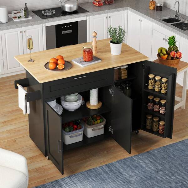 طاولة مطبخ متنقلة كبيرة L132.5*B44(70)*H90cm، سطح عمل قابل للطي، نقشة خشب البلوط، خزانة متعددة الوظائف، رف توابل، حامل مناشف، 5 عجلات، مناسبة للمطبخ/الطعام/المنزل