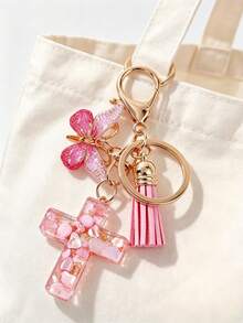 1pc Pink Gold Butterfly Pendant Resin Cross Keychain, Pink Tassel Key Ring Sweet Girl Style Bag Charm, Car Key Chain Daily Holiday Gift Birthday Small Gift Aesthetic Design - Multicolor - View 6