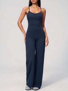 NcmRyu 1pc Women's Fashion Yoga Dance Fitness Running Workout Jumpsuit - Navy Blue - View 9