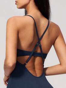 NcmRyu 1pc Women's Fashion Yoga Dance Fitness Running Workout Jumpsuit - Navy Blue - View 6