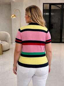 Plus Size Collegiate Style Striped Knit Polo Shirt, Short Sleeve, Medium Stretch, Regular Length Fabric - Multicolor - View 2