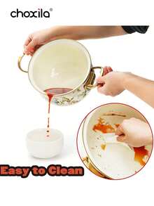 choxila 1 pieza Olla de sopa de esmalte floral vintage, olla de estofado de esmalte con patrón de pájaros y flores para mariscos con tapa de vidrio, en stock - Ver 4