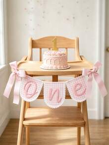 1pc Pink Plaid ONE Banner With Lace Trim And Bow, Baby 1st Birthday Party Wall Decoration Photo Prop - Multicolor - View 3