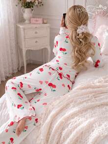 2pcs Women Casual Cherry Print Ruffle Trim Long Sleeve Square Neck Loungewear Set, Autumn - White - View 5