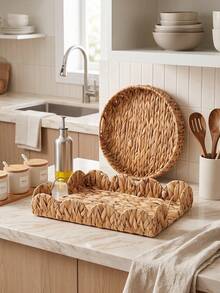 1 Scalloped Edge Handwoven Water Hyacinth Tray With Handles, Round & Rectangular Woven Storage Basket, Kitchen Counter Fruit Bread Snack Organizer Tray, Vanity Decor Caddy For Bathroom Bedroom Coffee Table Rustic Home Tabletop Decoration Storage Tray - View 1
