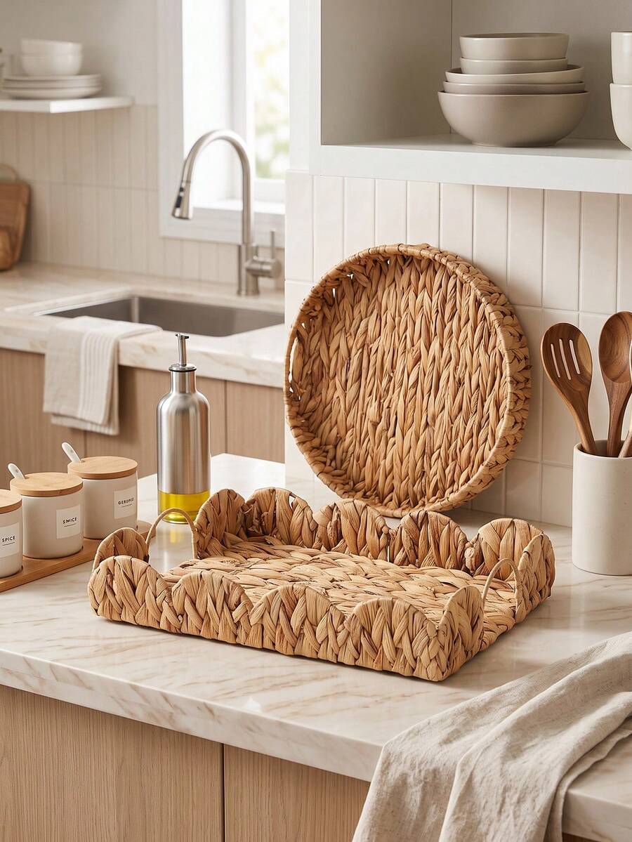 1 Scalloped Edge Handwoven Water Hyacinth Tray With Handles, Round & Rectangular Woven Storage Basket, Kitchen Counter Fruit Bread Snack Organizer Tray, Vanity Decor Caddy For Bathroom Bedroom Coffee Table Rustic Home Tabletop Decoration Storage Tray - View 1