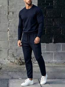 男士休闲时尚长裤和长袖两件套 - 藏蓝色 - 查看 3