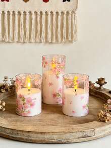 3pcs Flameless Candle Lights With Timer Remote Control, Battery Powered Cherry Blossom Warm Light, Suitable For Christmas, Halloween, Valentine's Day, Mother's Day, Gift, Birthday, Proposal, Wedding, Dining Table, Party - Cherry Blossoms - Warm Light - View 5