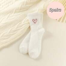1/5 Pairs Autumn/Winter Plush Heart Socks, Elastic Breathable Daily Socks, Personalized Mid-Calf Socks, Suitable For Family Wear, Applicable For Sports, Home, Leisure And Commuting - Multicolor - View 7