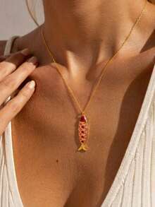 VceTd 2PCS Ocean Vacation Style Stainless Steel Women's Jewelry Set With Fish/Shell Pendant Design, Suitable For Daily Wear Or Beach Vacation Or Gift - Yellow Gold - View 3