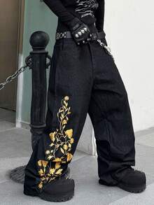 Hearty Haven 1件裝男士時尚街頭風刺繡寬腿牛仔褲，寬鬆舒適四季百搭丹寧長褲－不含腰帶與配件 - 黑色 - 查看 10