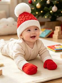 3PCS 6-36M Christmas Knitted Hat, Autumn/Winter Warm Pom Pom Hat, Gloves Set, Children's Knitted Hat And Gloves - 3PCS - View 6