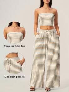 TimeOff Women's One Set Striped Strapless Bandeau Tank Top With Drawstring Waist And Side Pockets Wide Leg Pants 2 Pieces Set - Khaki - View 11