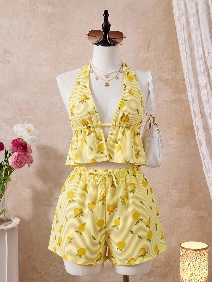 Women's 2-Piece Loungewear Pajama Set, Bright Yellow Striped Lemon Print, Halter Neck Tie Top And Elastic Waist Drawstring Shorts, Fresh And Fun, Suitable For Spring/Summer Home Leisure And Casual Outings - Yellow - View 1