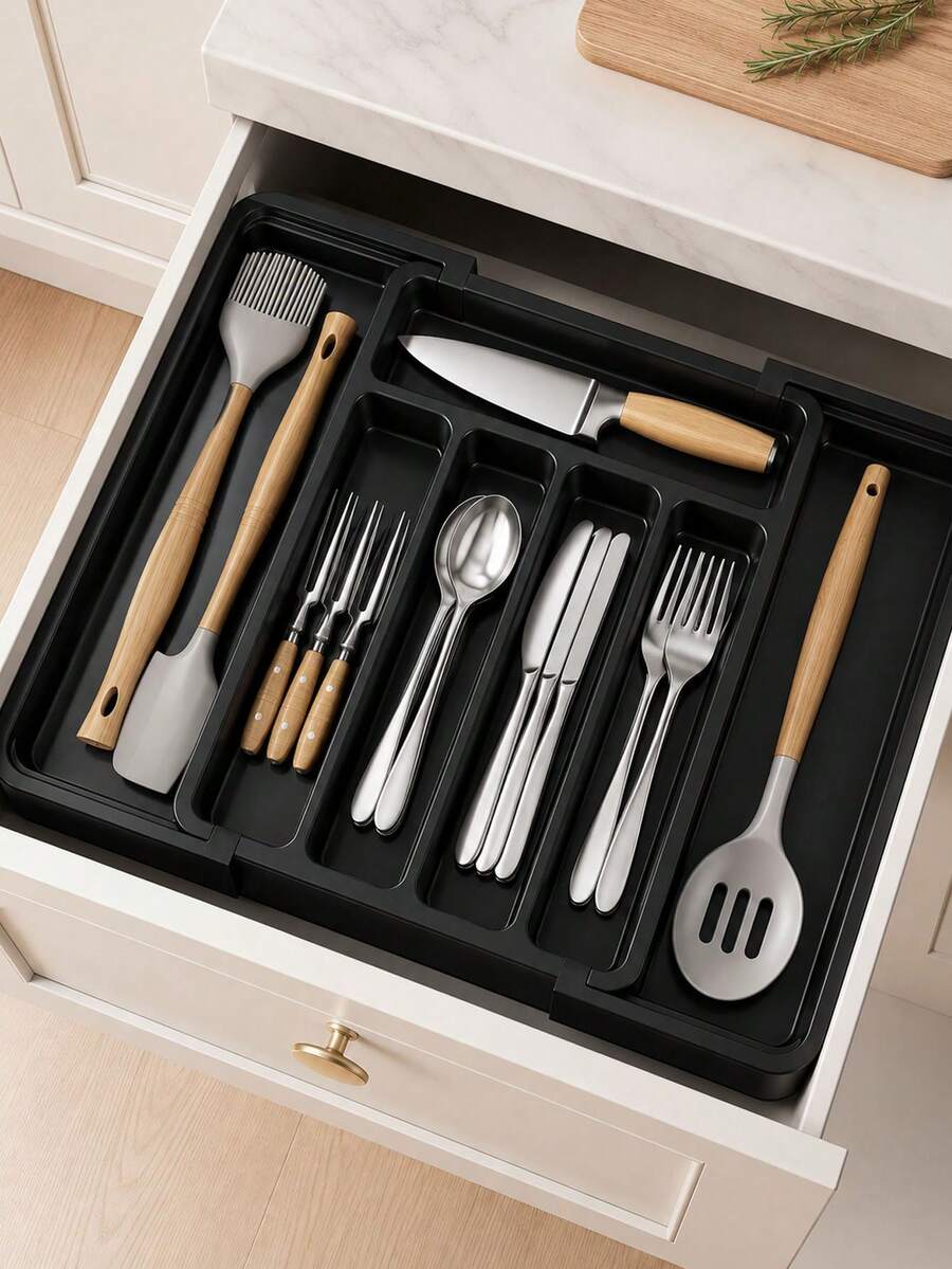 1件可伸縮式7格餐具抽屜收納盒,廚房用具托盤,可調節餐具收納盒,叉子、刀具與湯匙收納,省空間廚房收納方案,廚房收納配件 - 彩色 - 查看 1