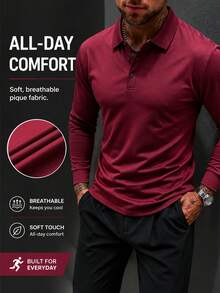 Men's Long Sleeve Polo Shirt, Solid Color, Breathable, Slim Fit, Business Casual, Lightweight, Wrinkle-Resistant, Commuter, Golf Shirt - Red - View 2