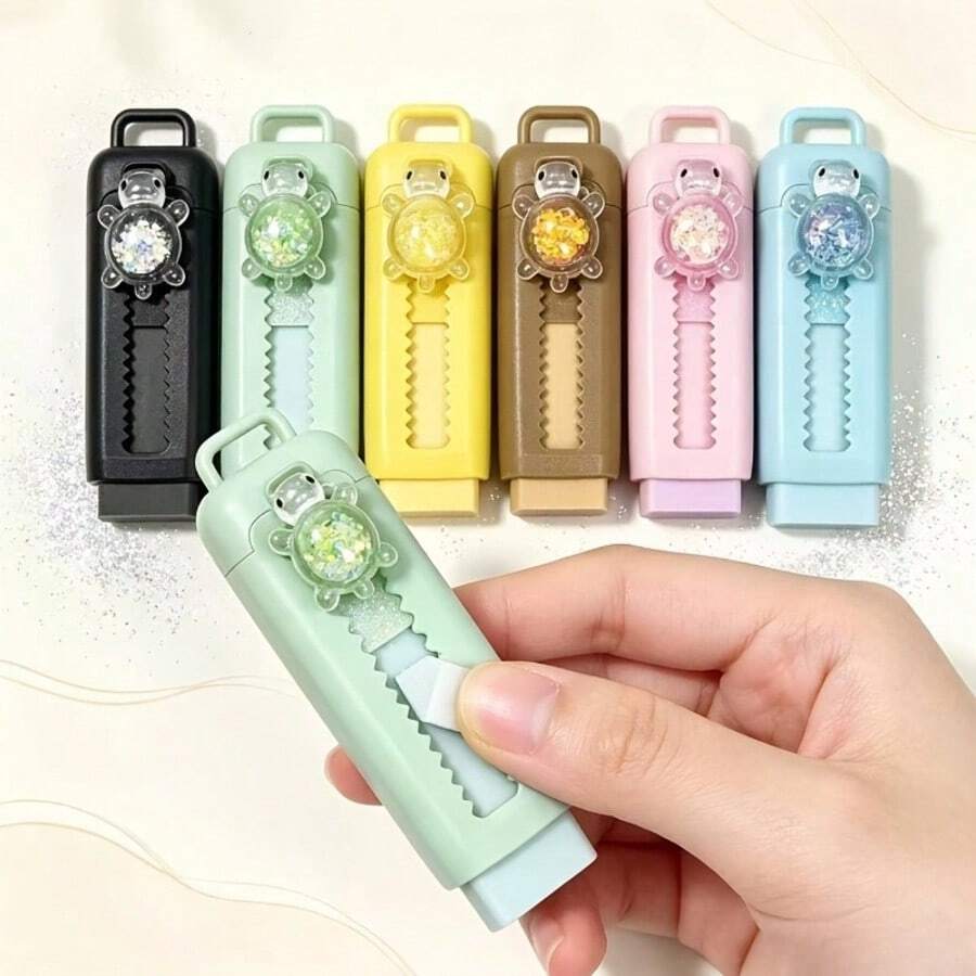 1/2/4pcs Random Color Creative Cute Sequin Turtle Push-Pull Eraser, Fashionable Non-Staining Design, Durable And Sturdy, Student , First Day Of School - Multicolor - View 1