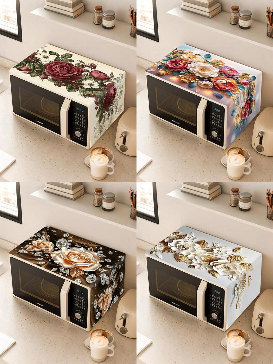 1pc Floral Microwave Dust Cover, Elegant Flowers Design Polyester Toaster Oven Dust Cover, 85x35cm Washable Machine Protector Decor For Home Kitchen, Appliance Dustproof Cover, 2D Flat