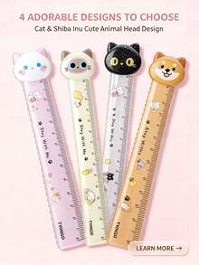 Penggaris Multifungsi 15cm Kepala Kucing & Anjing 3D + Skala Bergelombang, Desain Aman dengan Sudut Bulat, Tersedia 4 Gaya (Acak) 1/2/4/8 buah, Cocok untuk Menggambar dan Menulis Jurnal bagi Siswa - Set - View 12
