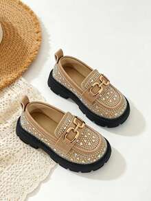 1 Pasang Sepatu Loafer Slip-On Gaya Inggris Vintage Berkilau dengan Hiasan Berlian Imitasi untuk Anak Perempuan, Cocok untuk Sekolah, Pemakaian Sehari-hari dan Festival, Musim Semi/Musim Gugur untuk Anak-anak Ukuran Sedang hingga Besar - Aprikot - View 5