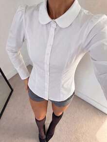 Women's White Long Sleeve Shirt Collar Top, Button Detail, Regular Fit Polyester Blouse, Autumn Fashion - White - View 3