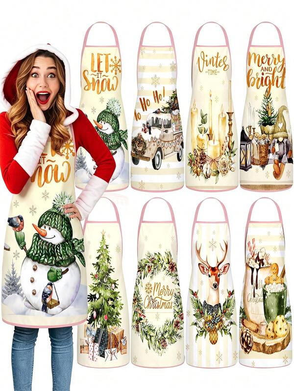 4Pcs Farmhouse Christmas Kitchen Aprons Set, Reindeer Snowman Gnome Vintage Truck X‑Mas Tree Wreath Candle Hot Cocoa Printed Adjustable Cooking Chef Aprons, Winter Holiday Decor Apron Pack For Women Baking Gift