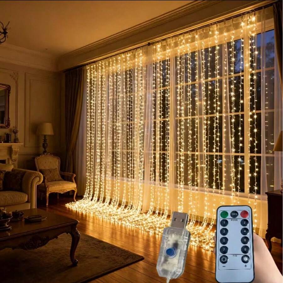Classic Indoor 300 LED Curtain String Lights With Remote Control, 9.8ft X 9.8ft USB Powered Fairy Lights For Bedroom Window Christmas Decoration, Plastic, Holiday-Slogans Theme With IR Sensor Function, Multiple Modes - No Battery Included - USB Curtain Lights - View 1
