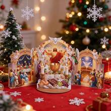 Christian Christmas 3D Pop Up Greeting Card, Triple‑Arch Religious Pop‑Up Design With Jesus, Angels, White Dove, Holy Chalice, Bible, Bread & Grape Elements, Last Supper & Nativity Scene Foldable Xmas Card, Handmade Faith‑Based Holiday Gift Card - The Two Doors Of Jesus' Birth - View 1