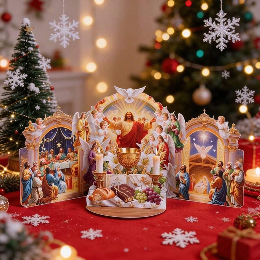 Christian Christmas 3D Pop Up Greeting Card, Triple‑Arch Religious Pop‑Up Design With Jesus, Angels, White Dove, Holy Chalice, Bible, Bread & Grape Elements, Last Supper & Nativity Scene Foldable Xmas Card, Handmade Faith‑Based Holiday Gift Card - The Two Doors Of Jesus' Birth - View 1