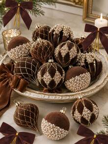 12/8/1pc-Brown Flocked Christmas Ball Ornaments, Christmas Ball Decorations, Christmas Tree Hanging Decor, Christmas Decorations, Christmas Supplies, Christmas Outdoor Decor, Christmas Home Decor, Suitable For Christmas Tree Decoration, Handmade, Suitable For Holiday Parties, Fireplace Decoration, Holiday Hanging Decor, Gift Decoration, Bag Hanging Decor - Brown - View 6