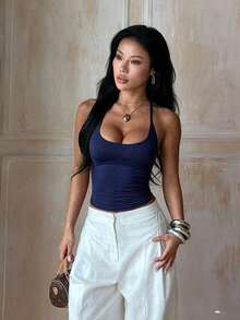 夏季上衣 女款街頭休閒短版上衣 藍色上衣 女款外出上衣 演唱會穿搭 返校季 健身 秋季內搭背心 運動服 - 寶藍色 - 查看 2
