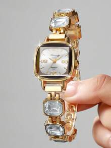 Women's Exquisite Square Digital Dial Bracelet Watch, Fashion Cut Rhinestone Inlaid Quartz Watch, Gift For Girlfriend (1pc/Set) Watch Box Not Included - White - View 3