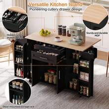 Rolling Kitchen Island Cart With Fold‑Out Extension Tabletop, 2 Drawers & Multi‑Cabinet Storage With Adjustable Shelves & Door Racks, Mobile Kitchen Trolley With Towel Rack & Spice Rack For Kitchen Dining Room - Black - View 3