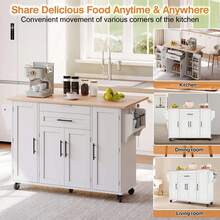 Rolling Kitchen Island Cart With Fold‑Out Extension Tabletop, 2 Drawers & Multi‑Cabinet Storage With Adjustable Shelves & Door Racks, Mobile Kitchen Trolley With Towel Rack & Spice Rack For Kitchen Dining Room - White - View 7