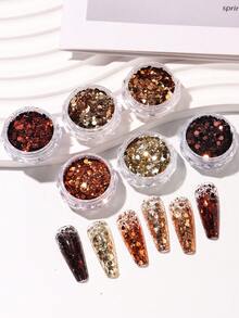 6pcs/Pack Shiny Autumn Hexagon Nail Glitter, Red Brown Gold Bronze Metallic Hexagon Nail Glitter, Suitable For Thanksgiving Wedding Holiday Nail Decoration - Multicolor - View 11